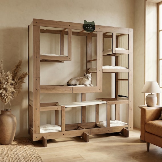 WLO® Natural Oak Square Modular Cat Tower | Multi-Level Modern Climbing & Cat Wall System