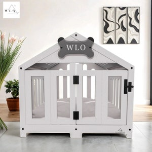 WLO® White Gabled Modern Dog Crate, Premium Wooden Dog Crate with Free Customization, Gift Cushion Covers