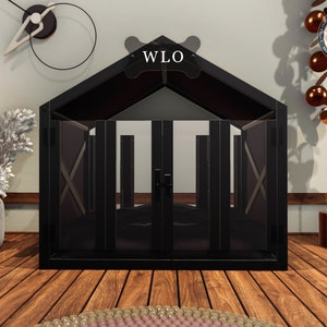 WLO® Black & Black Gabled Modern Dog House, Premium Wooden Dog House with Free Customization, Gift Cushion Covers