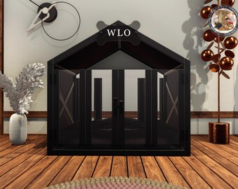 WLO® Black & Black Gabled Modern Dog House, Premium Wooden Dog House with Free Customization, Gift Cushion Covers