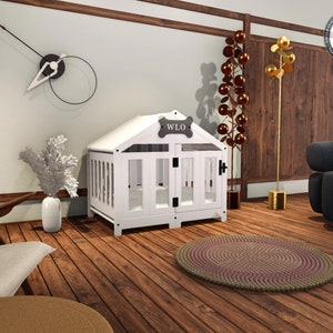 WLO® Moderne Hundebox mit Giebeln in Weiß und Elfenbein, Premium-Hundebox aus Holz mit kostenloser Individualisierung, Geschenkkissenbezüge Bild 5