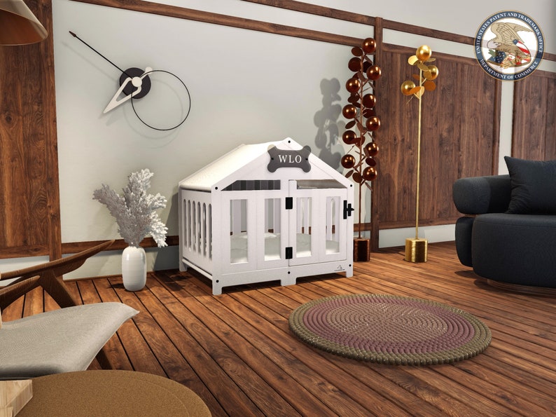WLO® Moderne Hundebox mit Giebeln in Weiß und Elfenbein, Premium-Hundebox aus Holz mit kostenloser Individualisierung, Geschenkkissenbezüge Bild 5