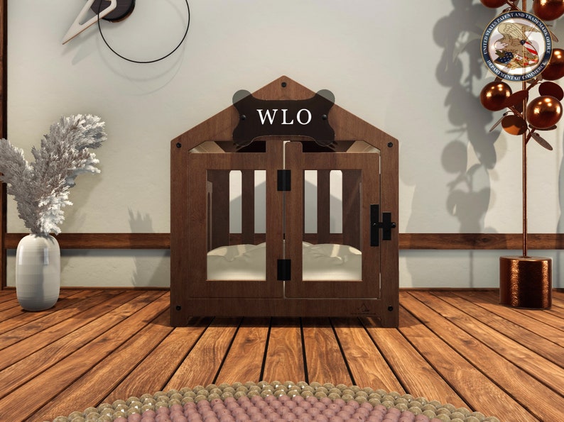 WLO® Gabled Modern Dog Crate, Premium Wooden Dog Crate with Free Customization, Multiple Colors & Gift Cushion Covers S1-Walnut / Ivory