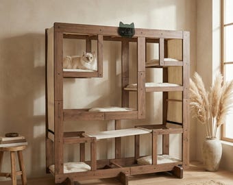 Torre per gatti modulare quadrata classica in noce WLO® / Sistema moderno multilivello per arrampicata e parete per gatti