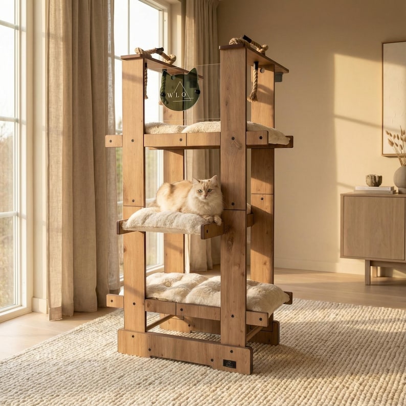 WLO® Natural Oak Malibu Modern Cat Tree | Multi-Level Indoor & Patio Cat Furniture image 2