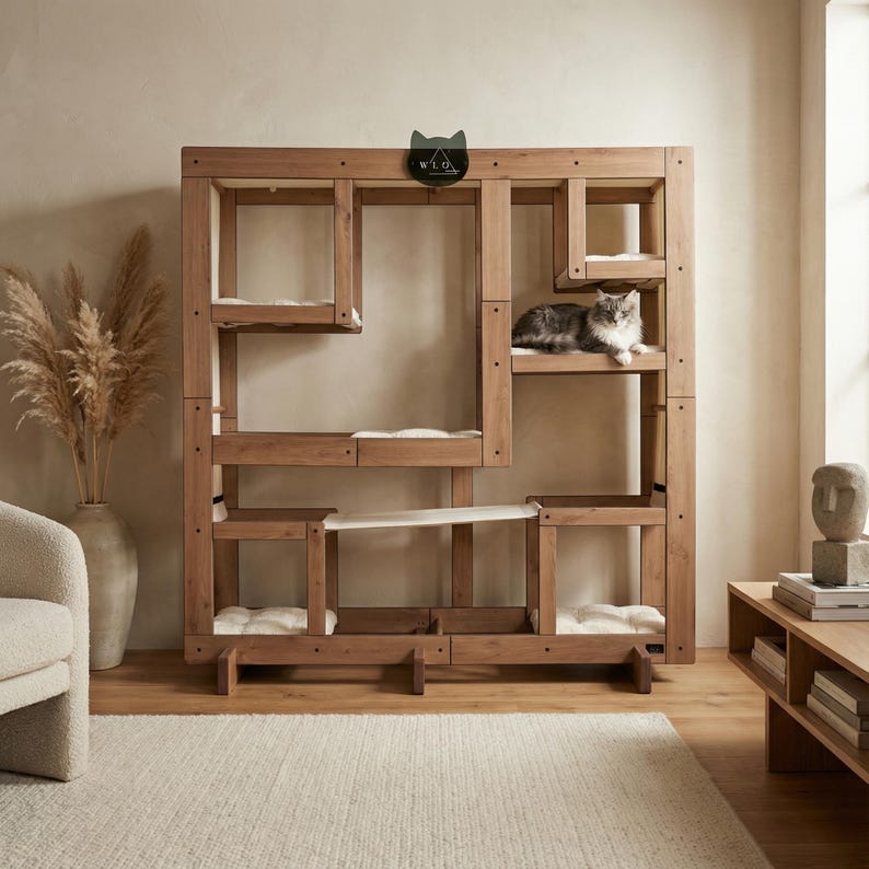 WLO® Natural Oak Square Modular Cat Tower | Multi-Level Modern Climbing & Cat Wall System image 2