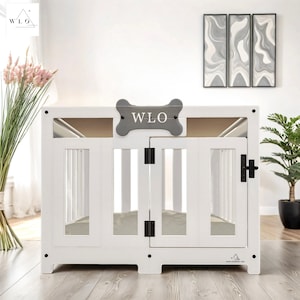 WLO® White Pueblo Modern Dog Crate, Premium Wooden Dog Crate with Free Customization, Gift Cushion Covers