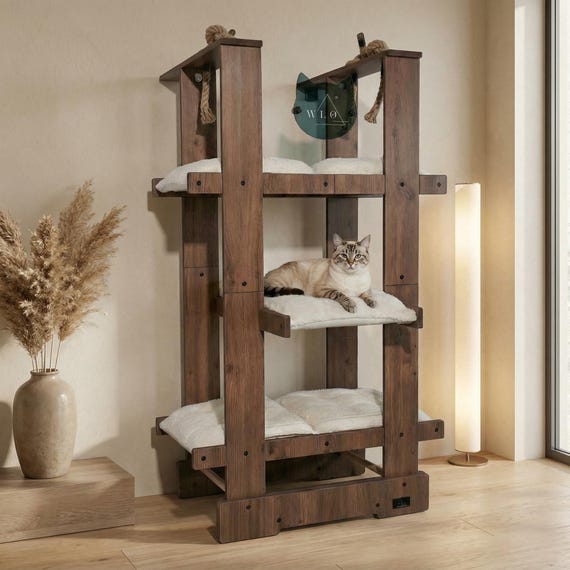 WLO® Classic Walnut Malibu Modern Cat Tree | Multi-Level Indoor & Patio Cat Furniture