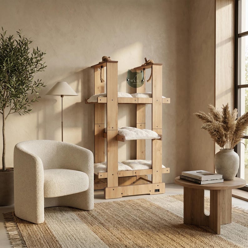 WLO® Natural Oak Malibu Modern Cat Tree | Multi-Level Indoor & Patio Cat Furniture image 4