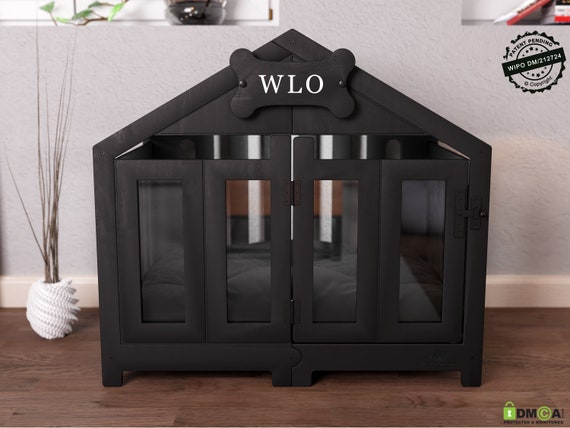 Black & Black - Gabled Modern Dog Crate, Dog Bed, Dog Crate, Dog Kennel, Wood Dog House, Pet House, Pet Furniture, Dog Furniture, WLO