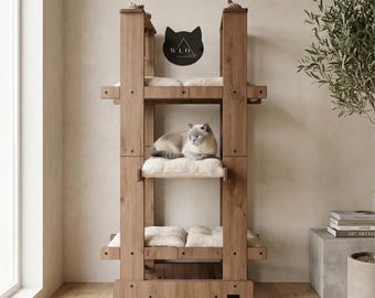 Tiragraffi moderno Malibu in rovere naturale WLO® / Mobili per gatti multilivello per interni e terrazze