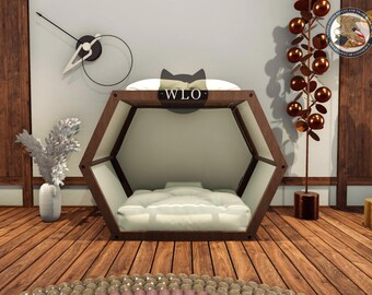 WLO® Hexxon Modern Cat Bed, Premium Wooden Cat Bed with Free Customization, Multiple Colors & Gift Cushion Covers