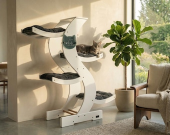 WLO® Pure White Skyline Modern Cat Tree | Multi-Level Indoor & Patio Cat Furniture