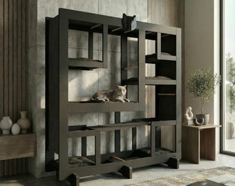 Torre per gatti modulare quadrata nera onice WLO® / Sistema moderno di arrampicata e parete per gatti a più livelli