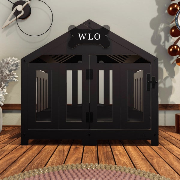 WLO® Black & Black Gabled Modern Dog Crate, Premium Wooden Dog Crate with Free Customization, Gift Cushion Covers