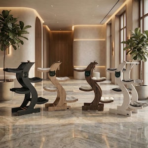 May include: Four cat trees in different colors: black, light wood, dark wood, and white. Each tree has a unique, curved design with multiple platforms and a cat-shaped cutout. The platforms have soft, plush cushions for the cats to rest on.