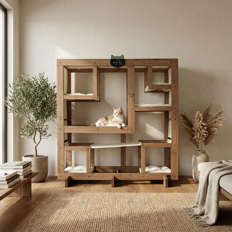 WLO® Natural Oak Square Modular Cat Tower | Multi-Level Modern Climbing & Cat Wall System image 3