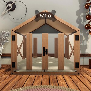 WLO® Natural & Ivory Gabled Modern Dog House, Premium Wooden Dog House with Free Customization, Gift Cushion Covers