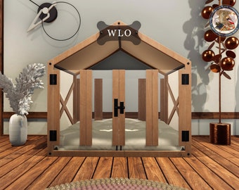 WLO® Natural & Ivory Gabled Modern Dog House, Premium Wooden Dog House with Free Customization, Gift Cushion Covers