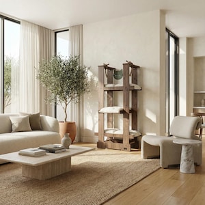 May include: A contemporary living room featuring a wooden cat tree with multiple levels and white cushions. A beige sofa, a marble coffee table, and a potted olive tree are also present, creating a stylish interior.