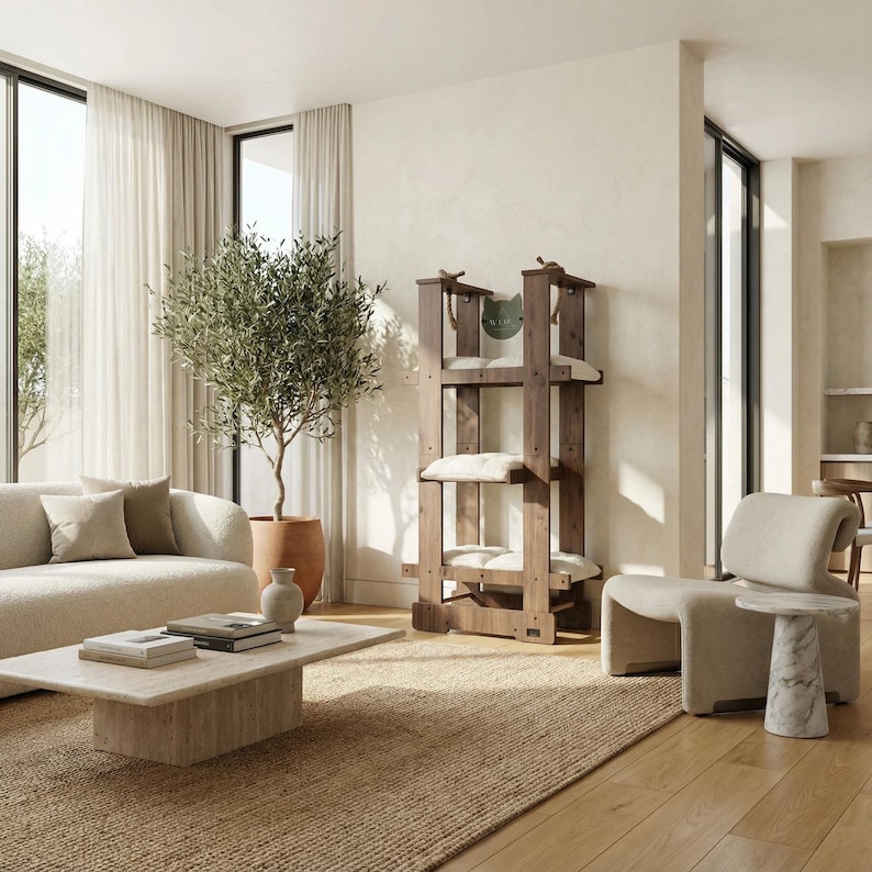 May include: A contemporary living room featuring a wooden cat tree with multiple levels and white cushions. A beige sofa, a marble coffee table, and a potted olive tree are also present, creating a stylish interior.
