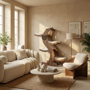 May include: A modern living room scene featuring a wooden cat tree with multiple platforms and a cozy cream-colored sofa. A round coffee table holds decorative vases and books. A wooden chair and a floor lamp complete the warm, inviting space.