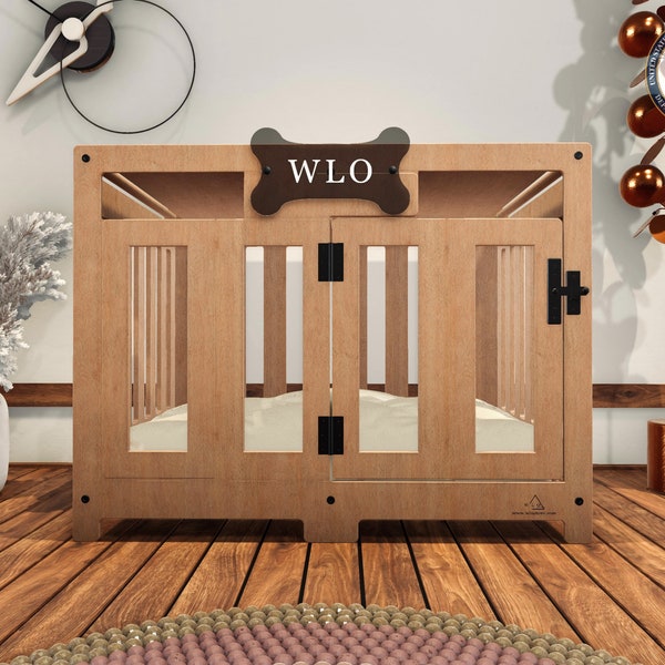 WLO® Natural & Ivory Pueblo Modern Dog Crate, Premium Wooden Dog Crate with Free Customization, Gift Cushion Covers