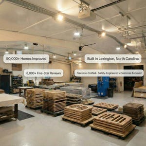 May include: A workshop interior featuring stacks of wooden pallets. The image includes text: "50,000+ Homes Improved", "8,000+ Five-Star Reviews", "Built in Lexington, North Carolina", and "Precision-Crafted &bull; Safety-Engineered &bull; Customer-Focused". An American flag is visible.