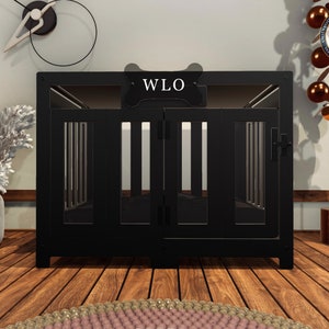 WLO® Black & Black Pueblo Modern Dog Crate, Premium Wooden Dog Crate with Free Customization, Gift Cushion Covers