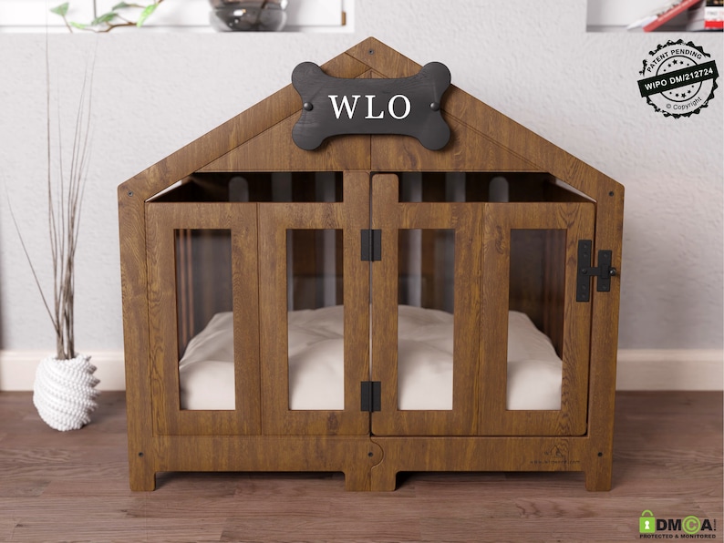 Walnut & Ivory - Gabled Modern Dog Crate, Dog Bed, Dog Crate, Dog Kennel, Wood Dog House, Pet House, Pet Furniture, Dog Furniture, WLO