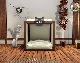 WLO® Pueblo Modern Cat Bed, Premium Wooden Cat Bed with Free Customization, Multiple Colors & Gift Cushion Covers