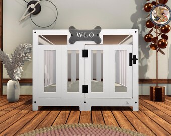 WLO® White & Ivory Pueblo Modern Dog Crate, Premium Wooden Dog Crate with Free Customization, Gift Cushion Covers