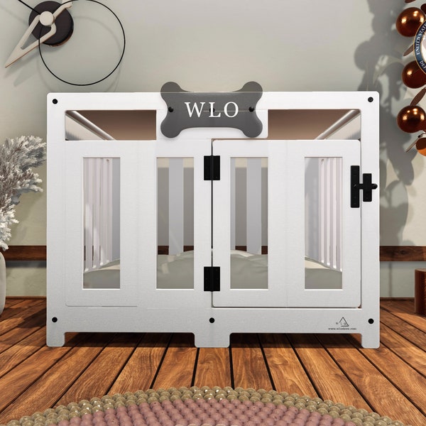 WLO® Moderne Pueblo-Hundebox in Weiß und Elfenbein, Premium-Hundebox aus Holz mit kostenloser Individualisierung, Geschenkkissenbezüge