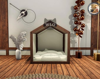 WLO® Gabled Modern Cat Bed, Premium Wooden Cat Bed with Free Customization, Multiple Colors & Gift Cushion Covers