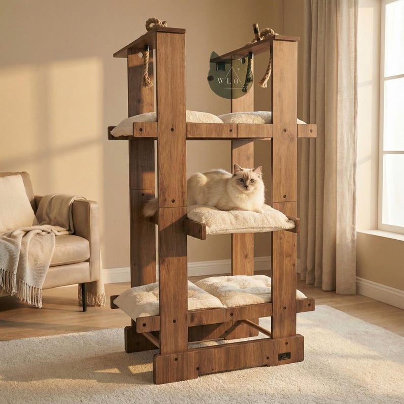 May include: A wooden cat tree with multiple levels and cream-coloured cushions. A light-coloured cat is resting on one of the platforms. The structure has rope detailing and a logo in the upper right corner. The wood has a dark finish.