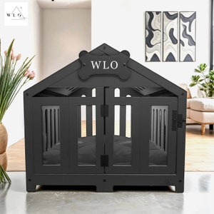 WLO® Black Gabled Modern Dog Crate, Premium Wooden Dog Crate with Free Customization, Gift Cushion Covers