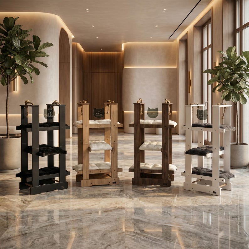 May include: Four wooden cat trees in black, natural, brown, and white. Each has multiple levels with plush cushions and a cat silhouette logo. The trees are in a modern, well-lit space with plants.