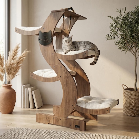 WLO® Classic Walnut Skyline Modern Cat Tree | Multi-Level Indoor & Patio Cat Furniture