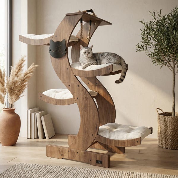 WLO® Classic Walnut Skyline Modern Cat Tree | Multi-Level Indoor & Patio Cat Furniture