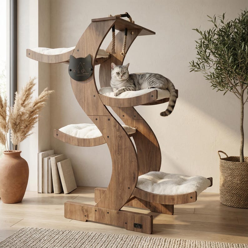 May include: A wooden cat tree with multiple platforms and a curved design. The cat tree has a dark brown finish and includes soft, white cushions for the cat to rest on. A gray tabby cat is resting on one of the platforms.