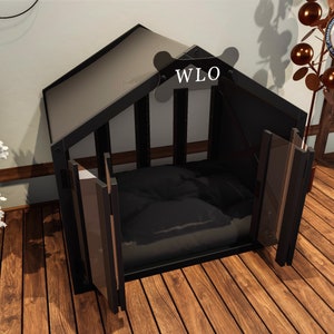 WLO® Black & Black Gabled Modern Dog House, Premium Wooden Dog House with Free Customization, Gift Cushion Covers image 3