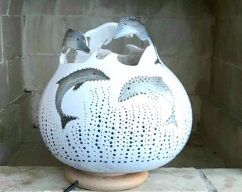 Lámpara de calabaza de delfín hecha a mano: luz de noche para habitación infantil con temática marina