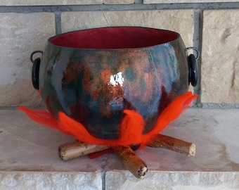 Gourd Witch Cauldron Candy Bowl: Halloween Decoration with Felt Fire