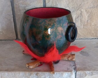 Witch Cauldron Candy Bowl: Gourd Halloween Decoration with Felt Fire