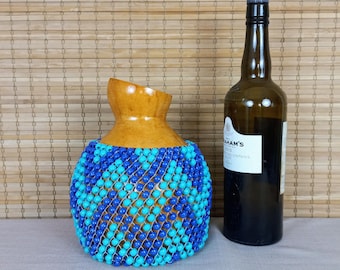Strumento a percussione Shekere di zucca, sonaglio con perline di plastica blu e acquamarina, shaker africano
