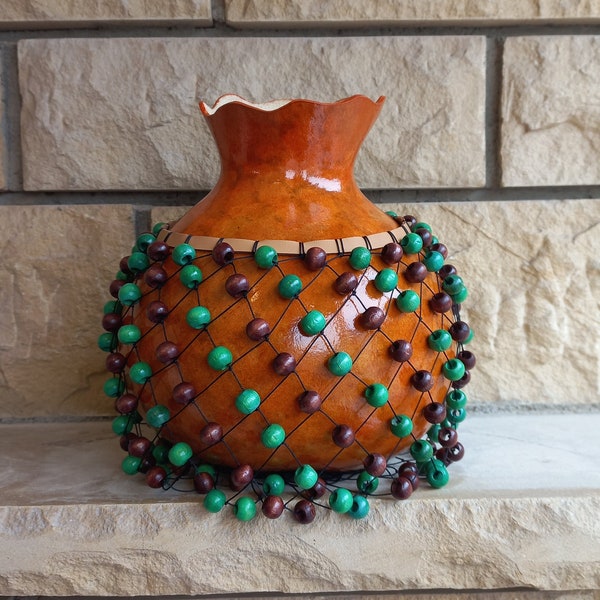 Green and brown beaded Gourd xequere, rhythym music instrument, Latin percussion, Gift for doughter, birthday gifts