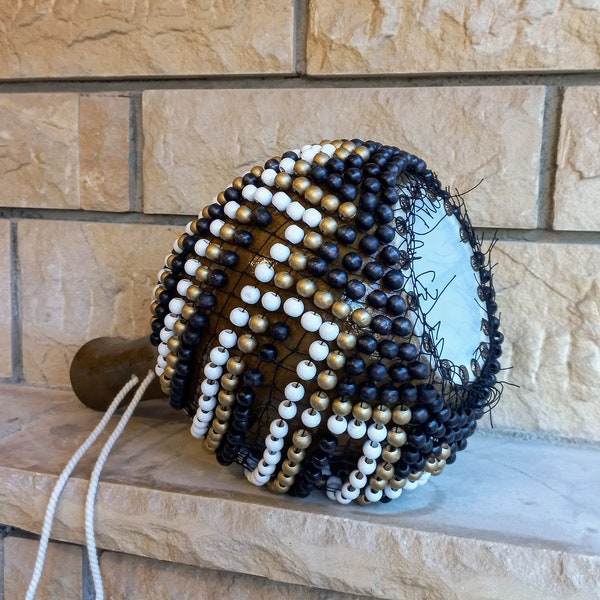 Both Shekere and Drum, Black white and gold beaded Xequere, Rhythm Instrument, Percussion Instruments, Birthday gift Dad