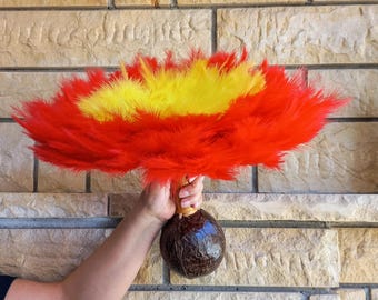 Red pua Hawaiian Large Uli Uli Rhythm Instruments, Coconut Shell with Feathers, Gift for Hula Dancer