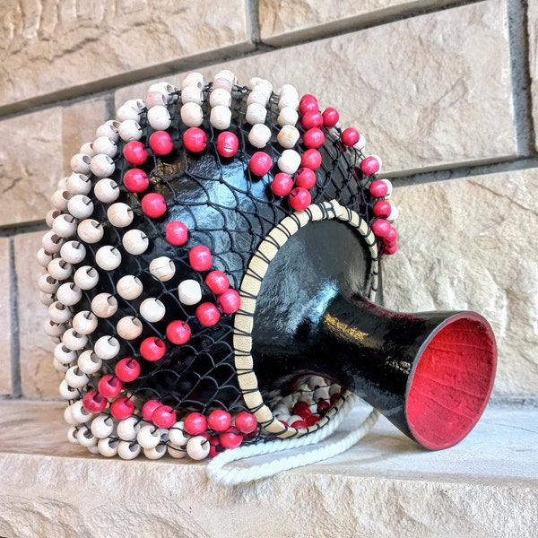Black Gourd rattle, red and natural color beaded music instrument, agbe percussion, Gift for mom