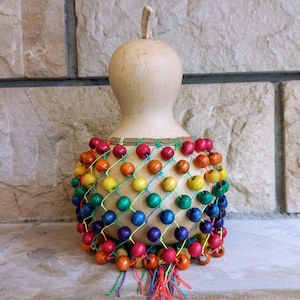 Handcrafted 7&quot; x 5&quot; Shekere | Colorful Wooden Beads | Traditional Latin & African Percussion Instrument | Rhythmic Musical Delight
